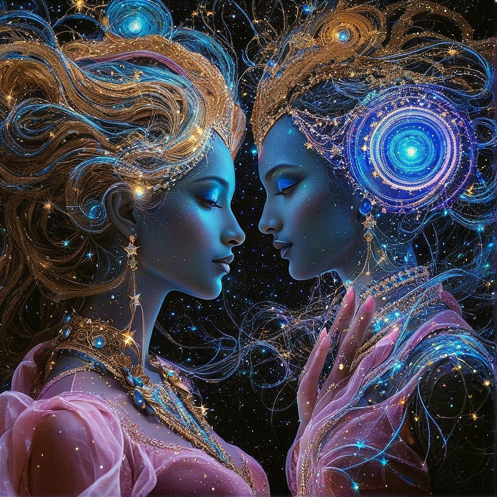 Ethereal Figures in Cosmic Night Sky Setting