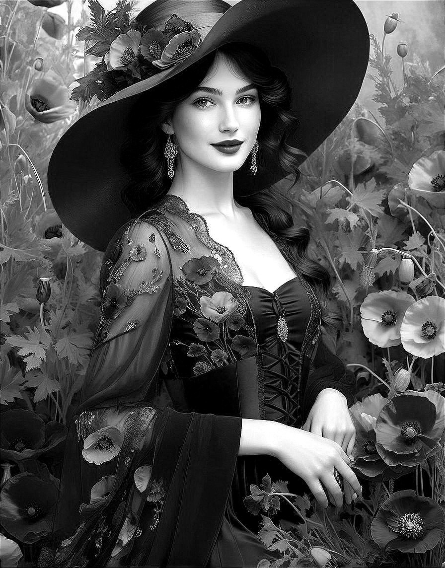 Mysterious Woman in Black Gown Among Poppy Flowers