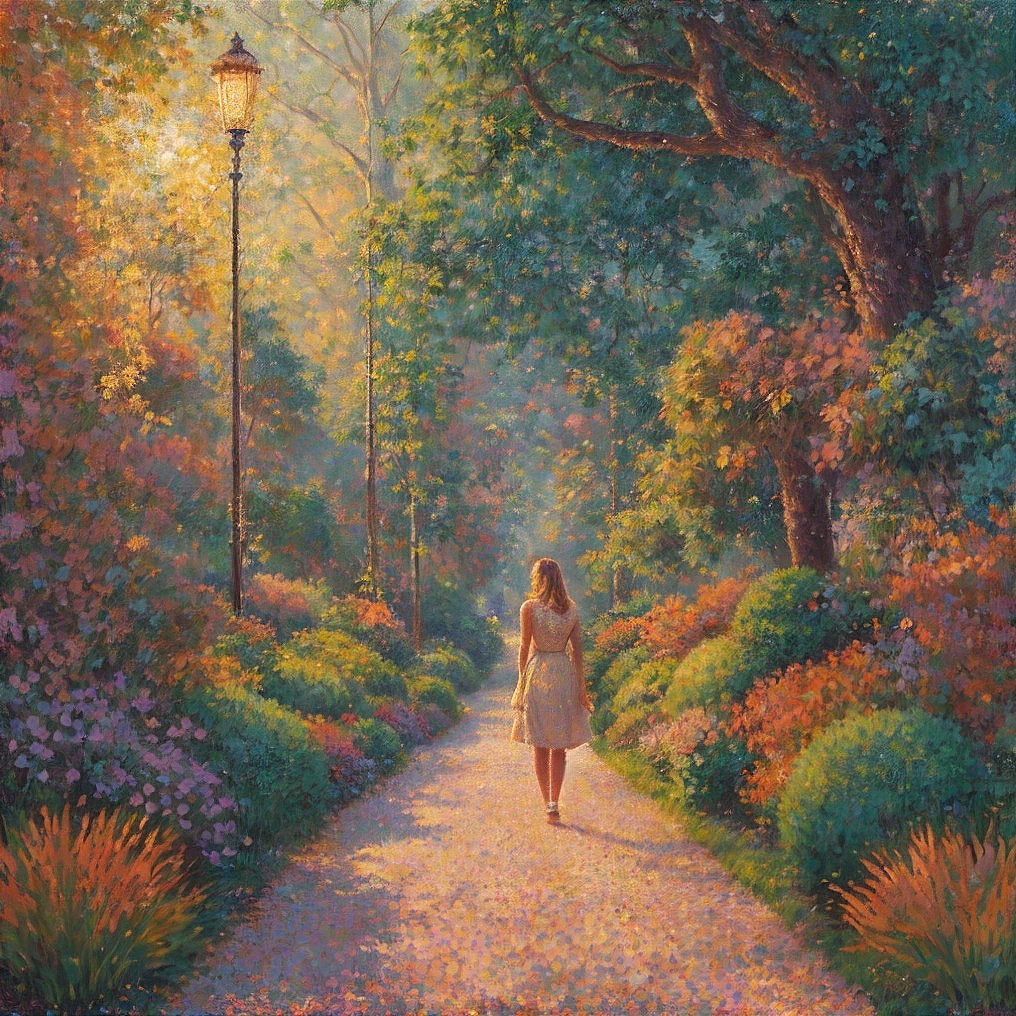 Serene Garden Pathway with Vibrant Flowers and Light