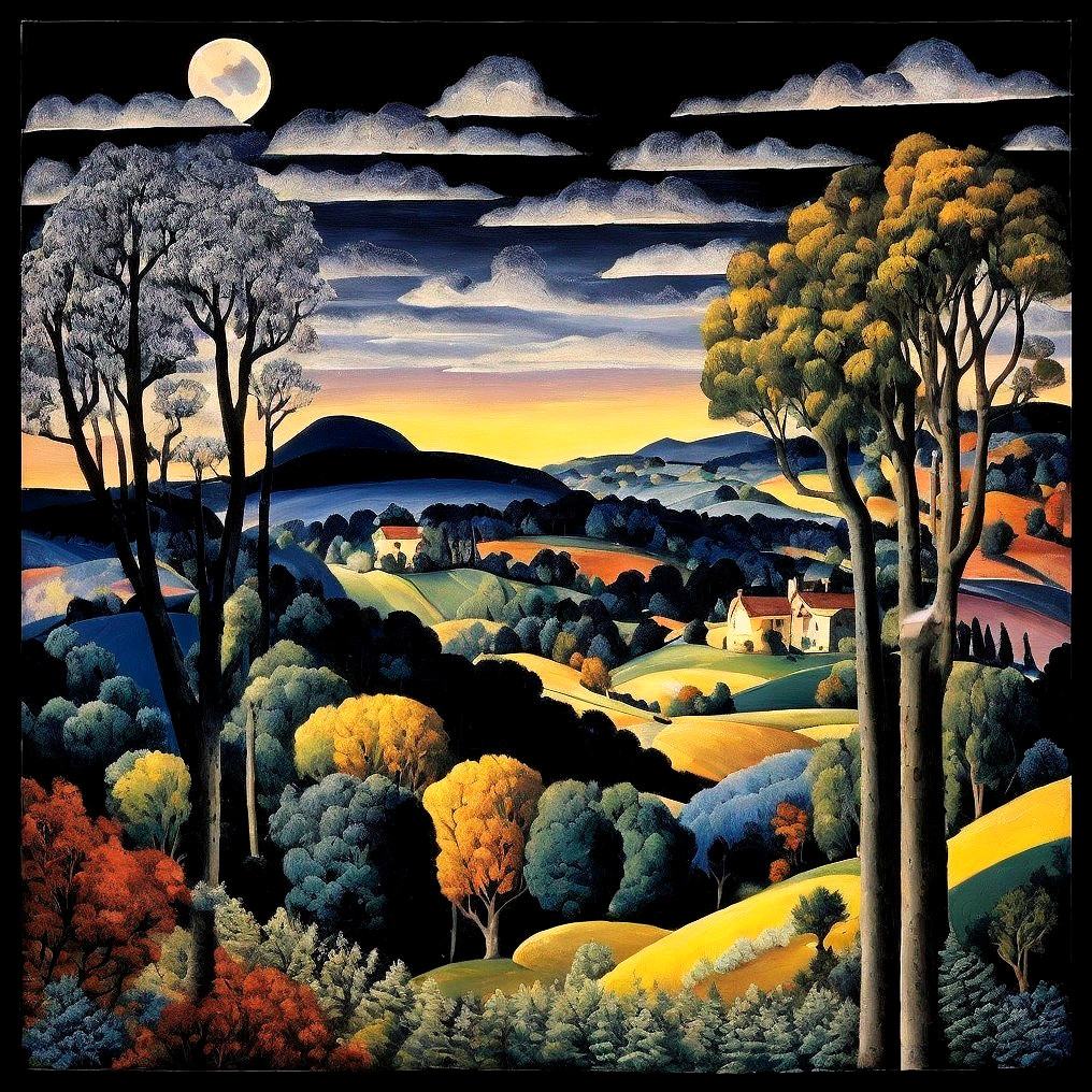 Vibrant Dusk Landscape with Colorful Foliage and Moon