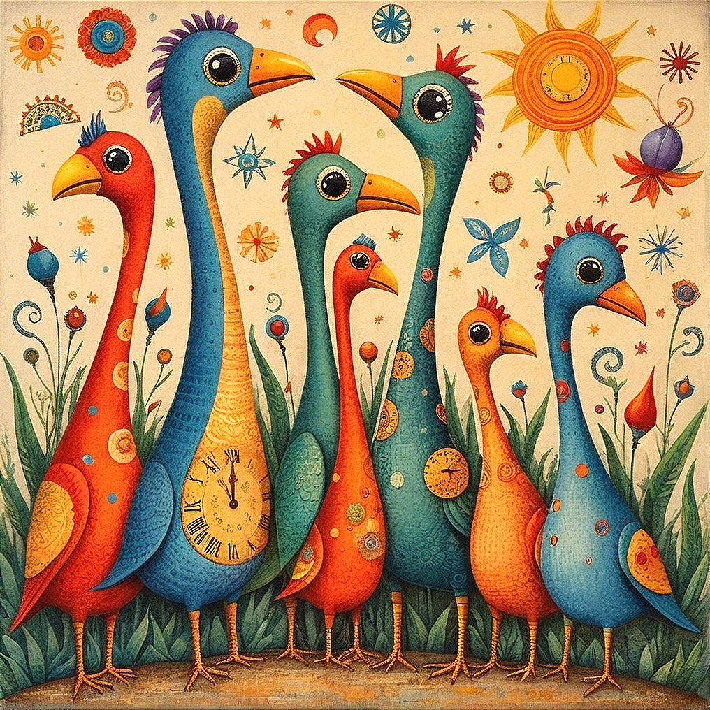 Colorful Stylized Birds in Playful Pose with Motifs