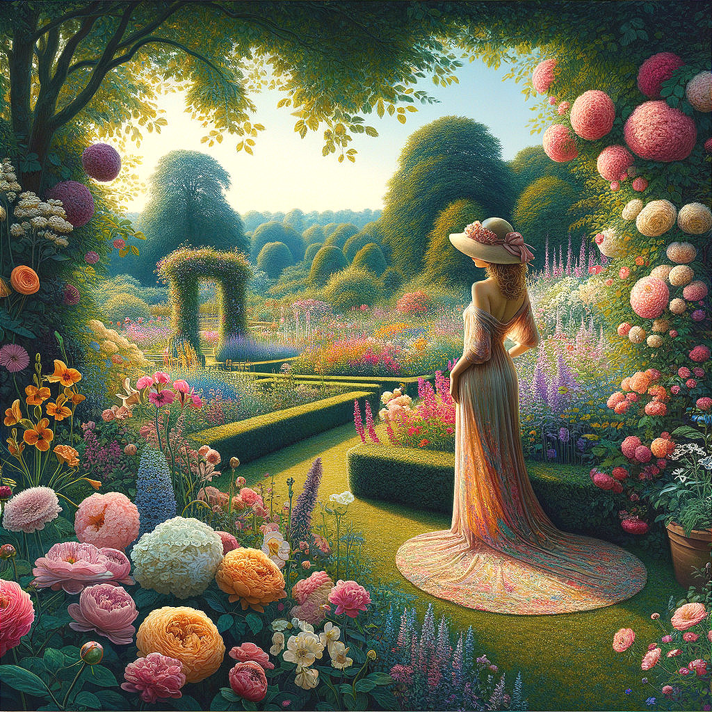 Graceful Woman in Sunlit Flower Garden Scene
