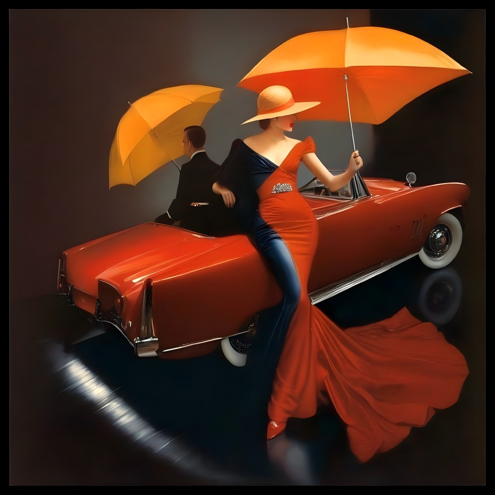 Vintage Red Convertible with Glamorous Couple