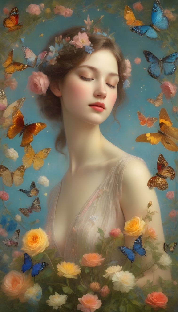 Serene Woman Surrounded by Butterflies and Roses