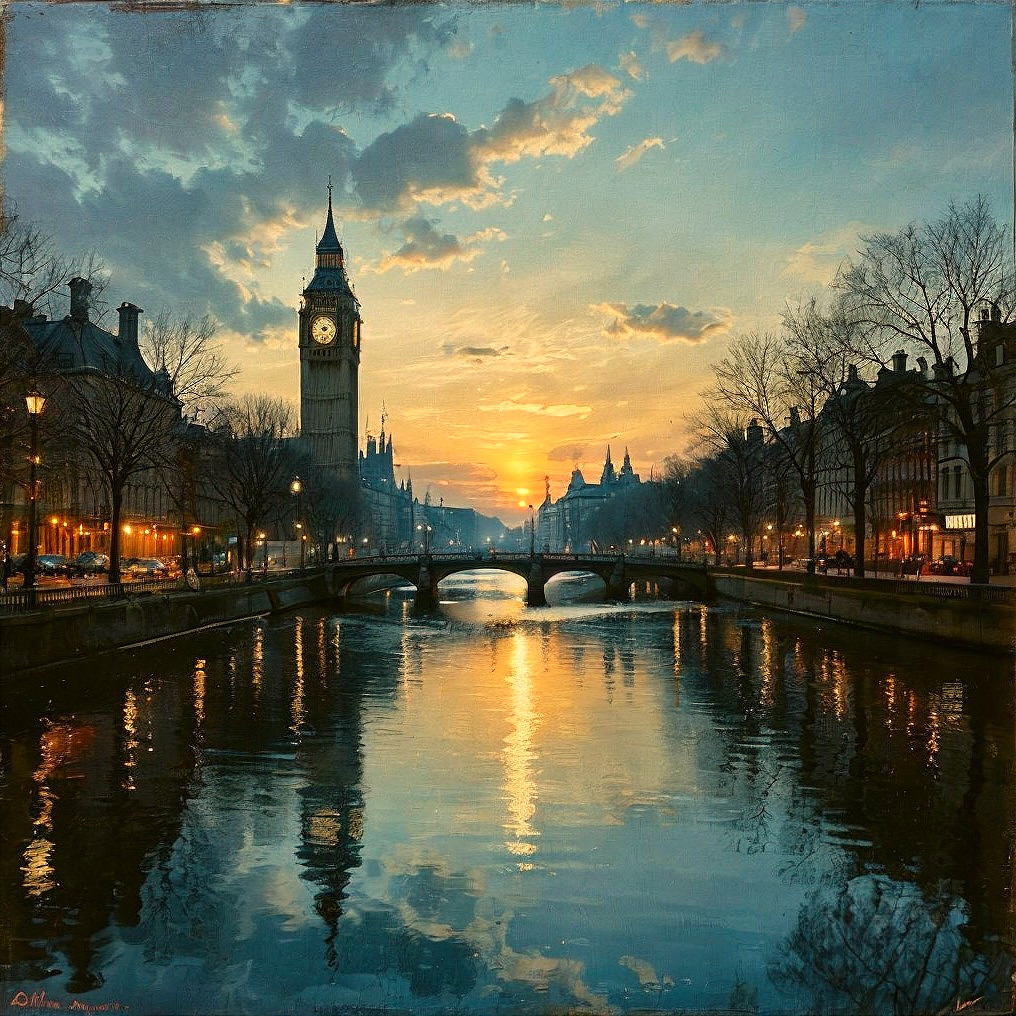 Thames River Sunset with Big Ben and Historic Buildings