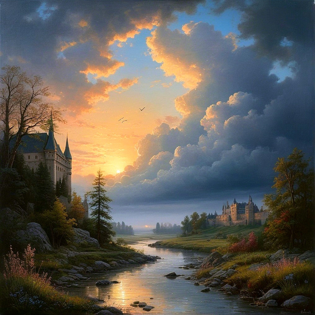 Serene River Landscape with Castles and Lush Greenery
