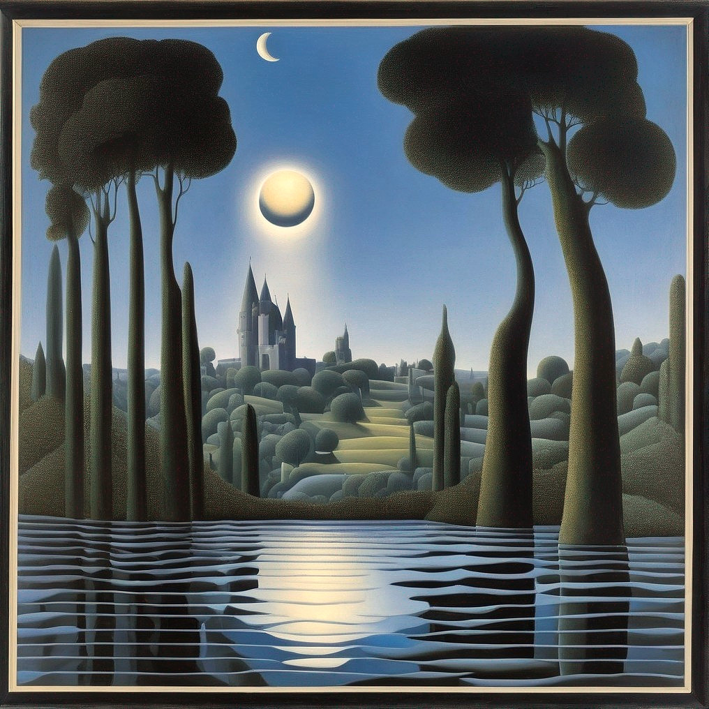 Serene landscape with dark trees and silhouetted castle