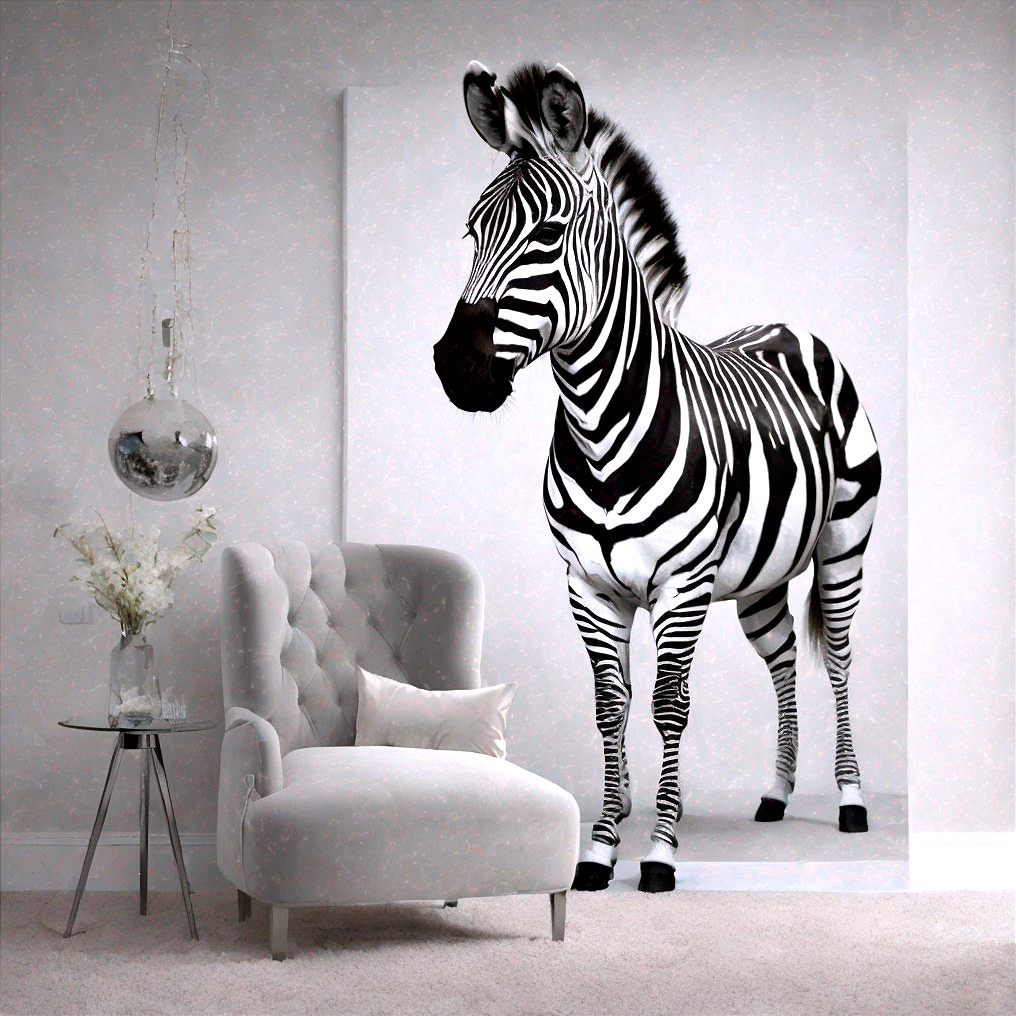 Interior with Black-and-White Zebra Mural and Gray Chair