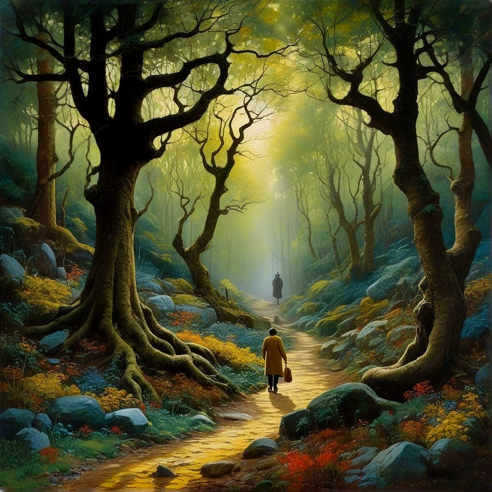 Tranquil Forest Path with Ancient Trees and Figures