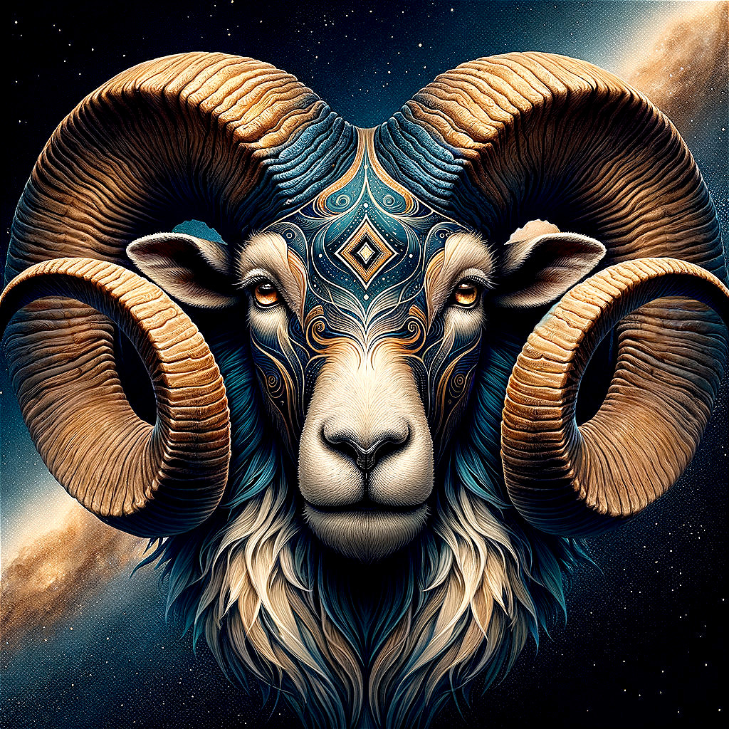 Majestic ram with ornate horns in cosmic setting