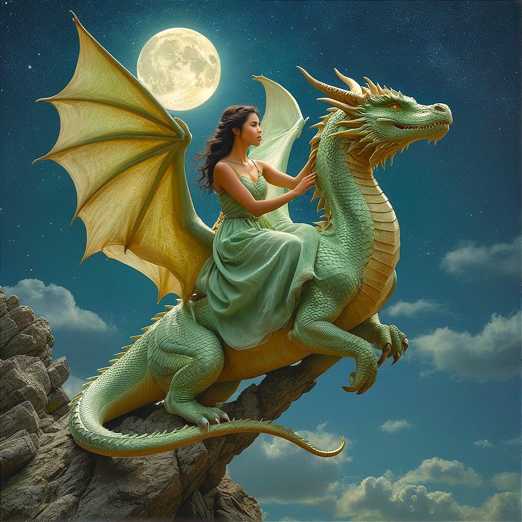 Young Woman Rides Green Dragon Under Full Moon