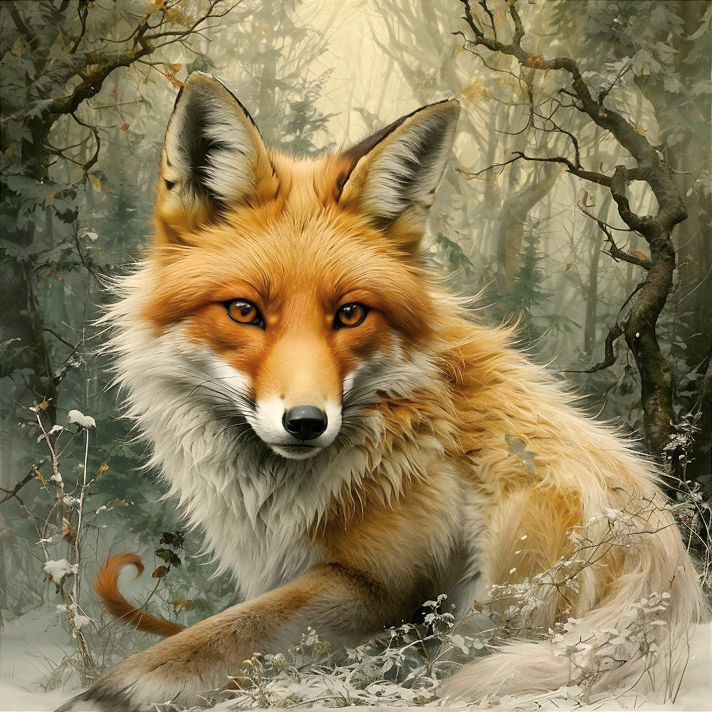 Red Fox in Winter Forest with Snowy Landscape