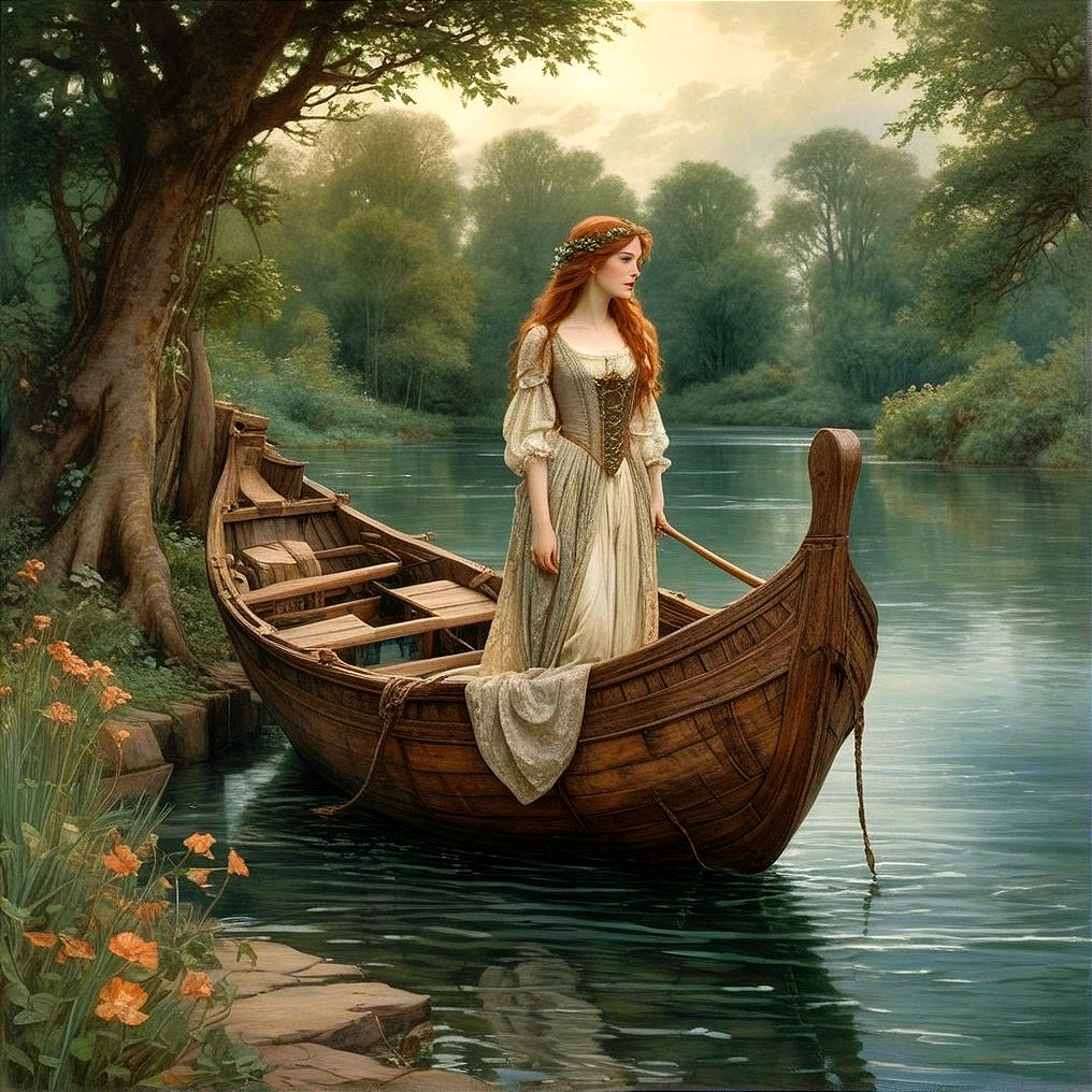 Young Woman in Flowing Dress on Serene Waters