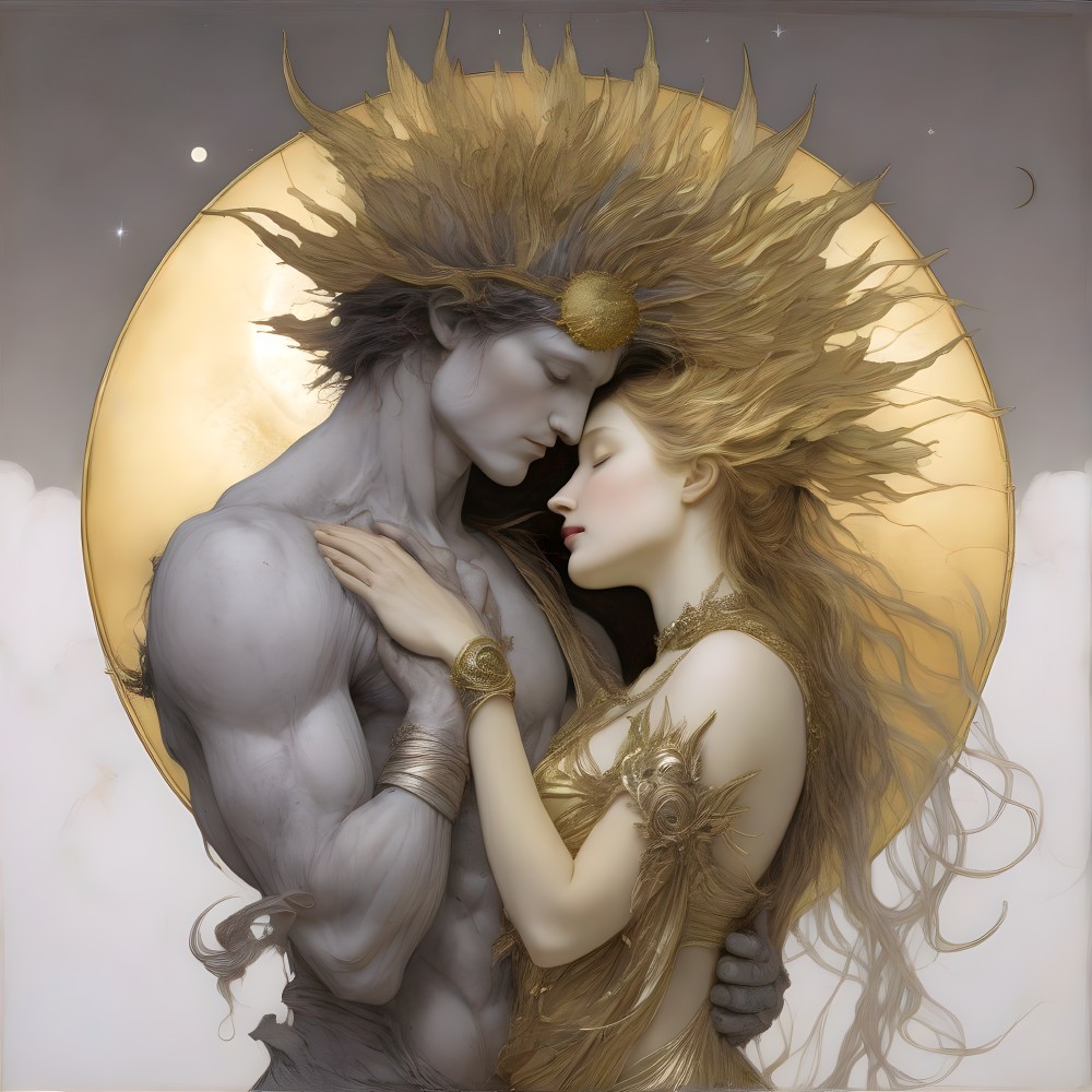 Celestial Couple Embraced in Ethereal Light