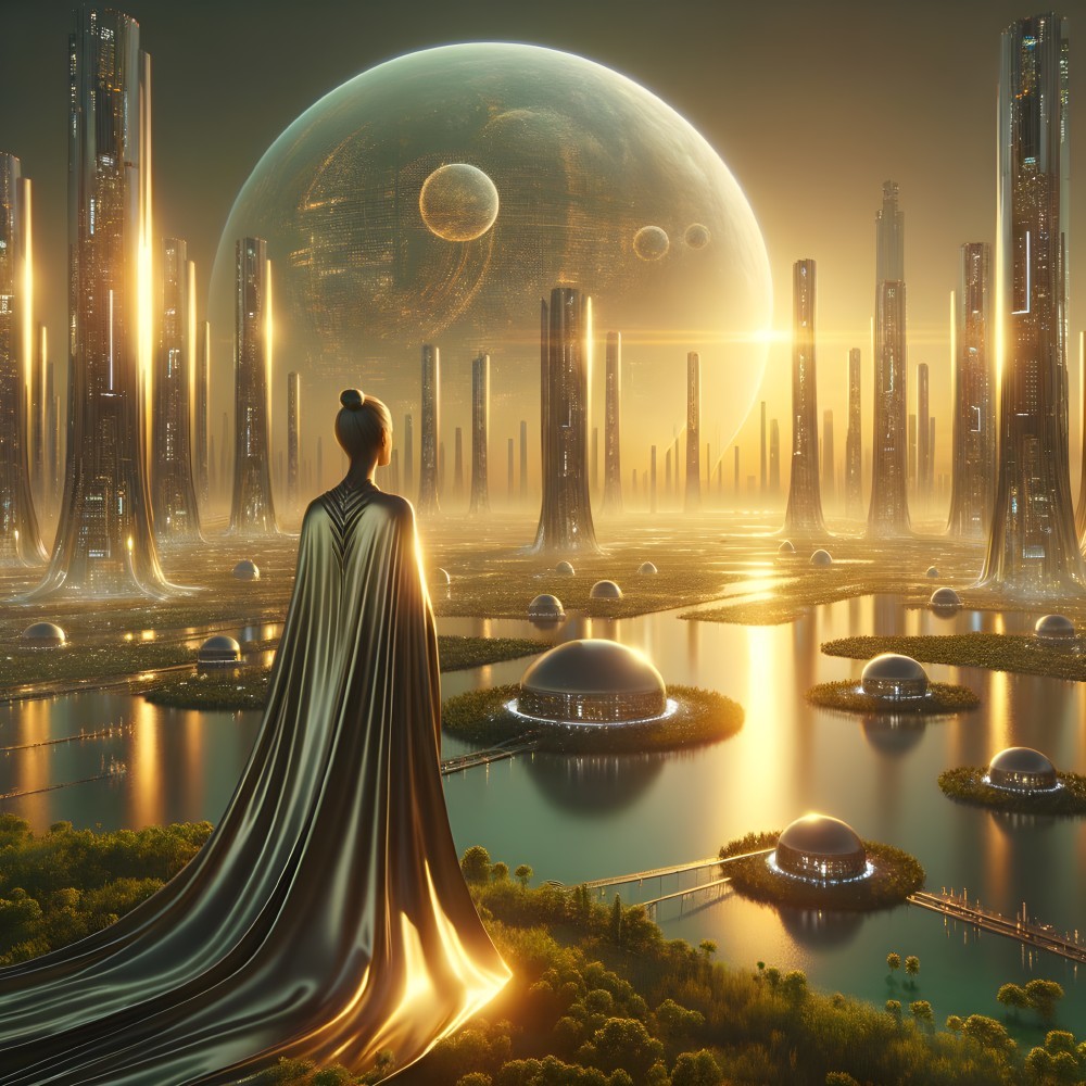 Futuristic landscape with cloaked figure and skyscrapers