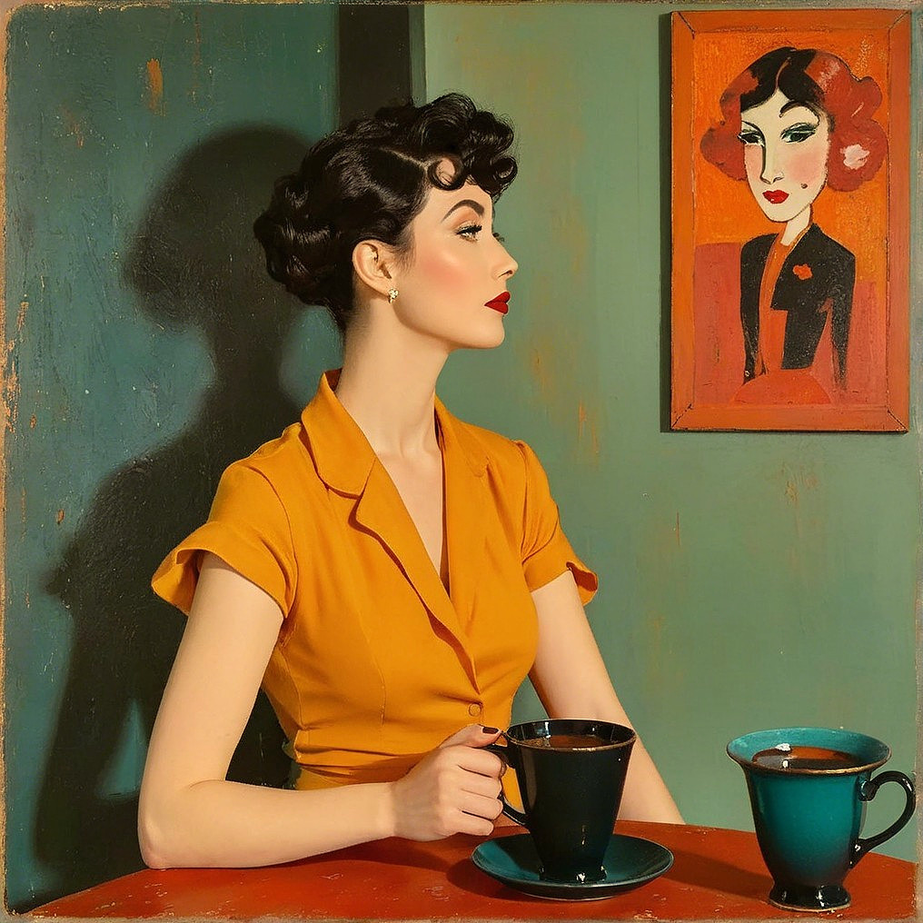 Stylish Woman in Yellow Blouse at a Retro Café