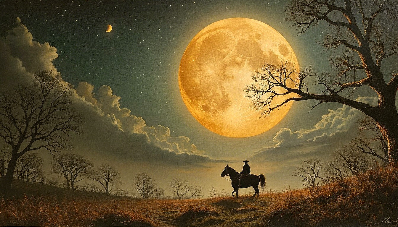Tranquil Night Scene with Full Moon and Horse Rider