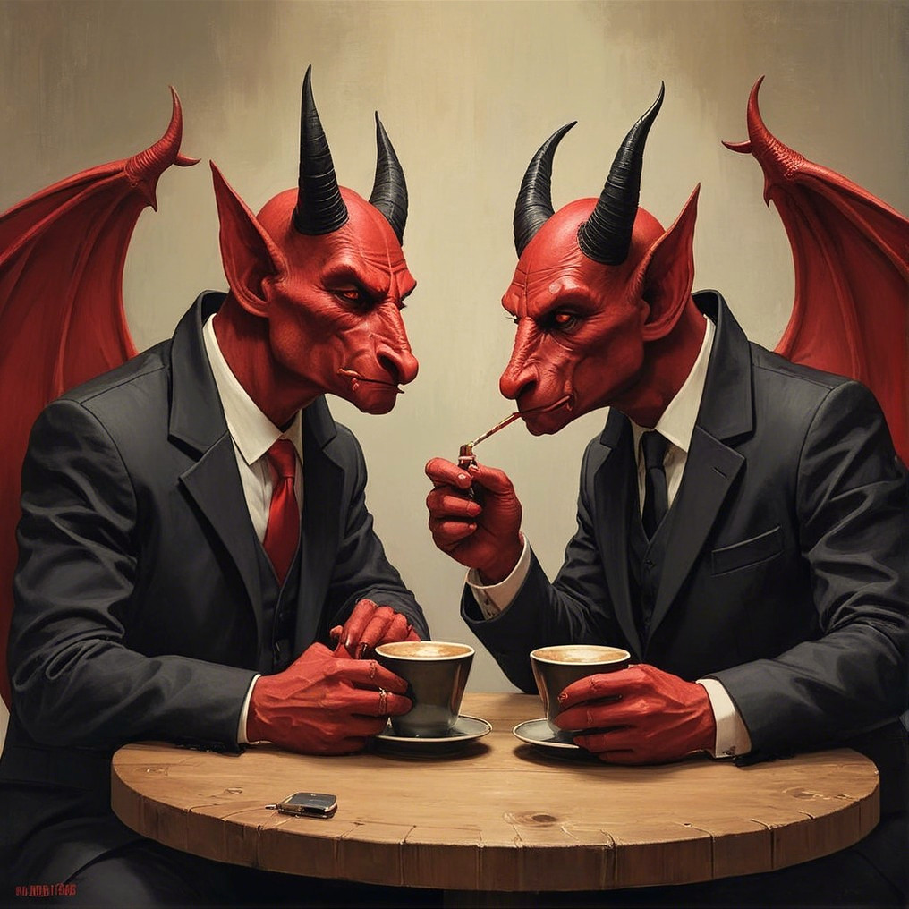 Devilish Figures in Suits Sharing Coffee and Cigarettes