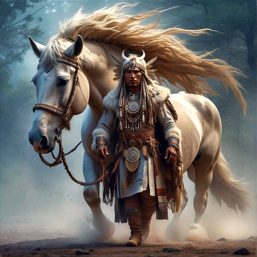 Majestic Individual in Traditional Attire with Horse