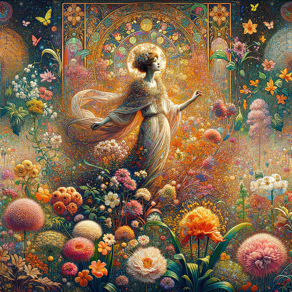 Ethereal woman in vibrant garden under stained-glass window