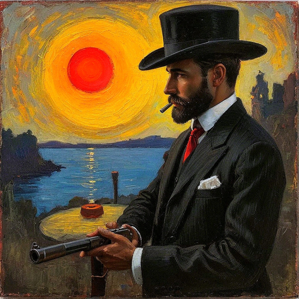 Stylized Painting of Man in Top Hat by Shoreline