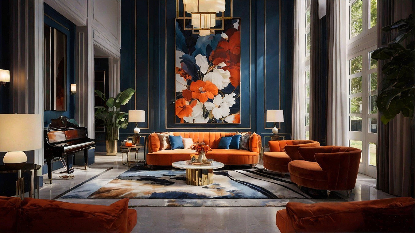Elegant Living Room with Floral Painting and Blue Walls
