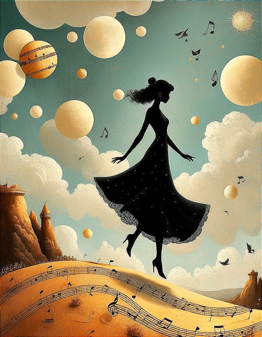 Silhouette of a Woman Dancing in a Dreamlike Landscape
