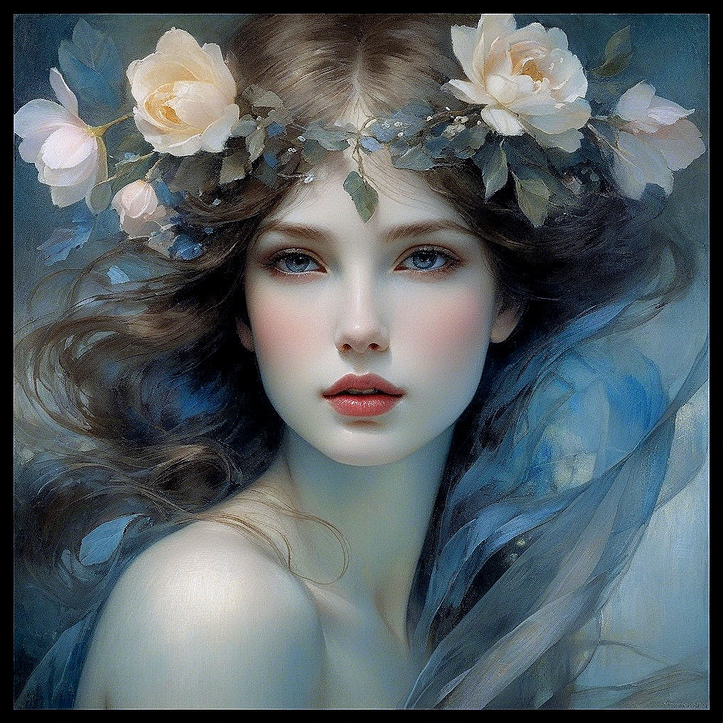 Young woman with rose crown and serene expression