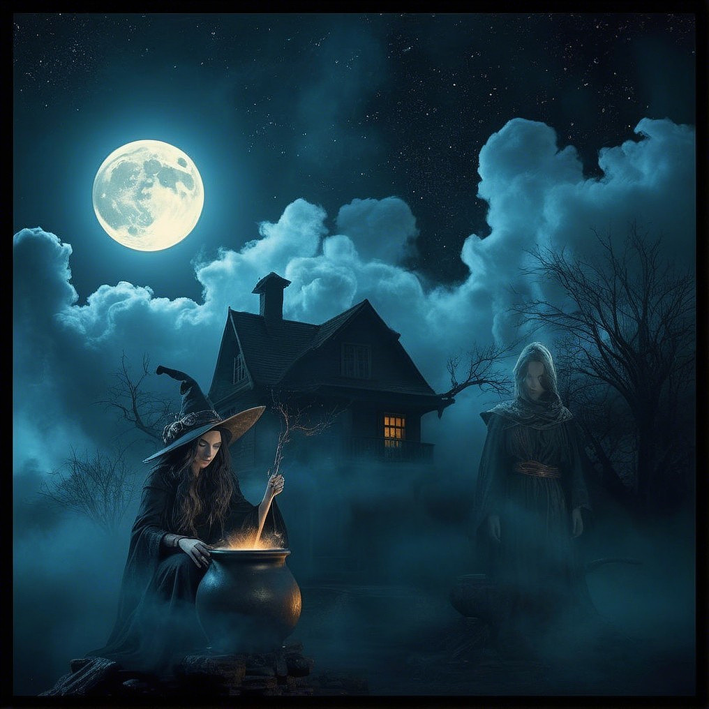 Mysterious Night Scene with Witch and Haunted House