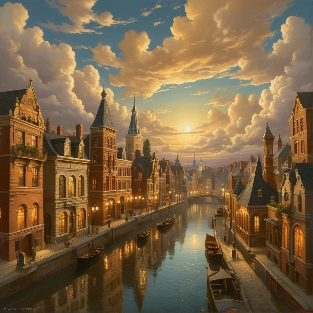 Picturesque Sunset Over a Serene Canal Scene