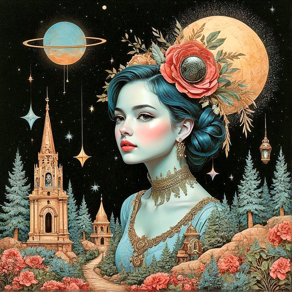 Portrait of a Young Woman with Blue Hair and Roses