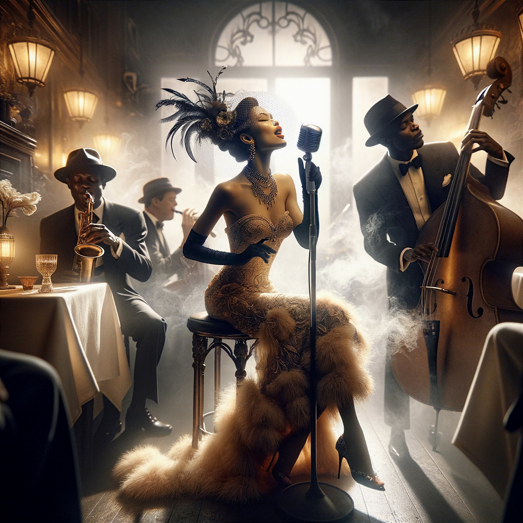 Singer in Feathered Dress Performs with Trumpeter and Bassist in Dimly-Lit Jazz Club