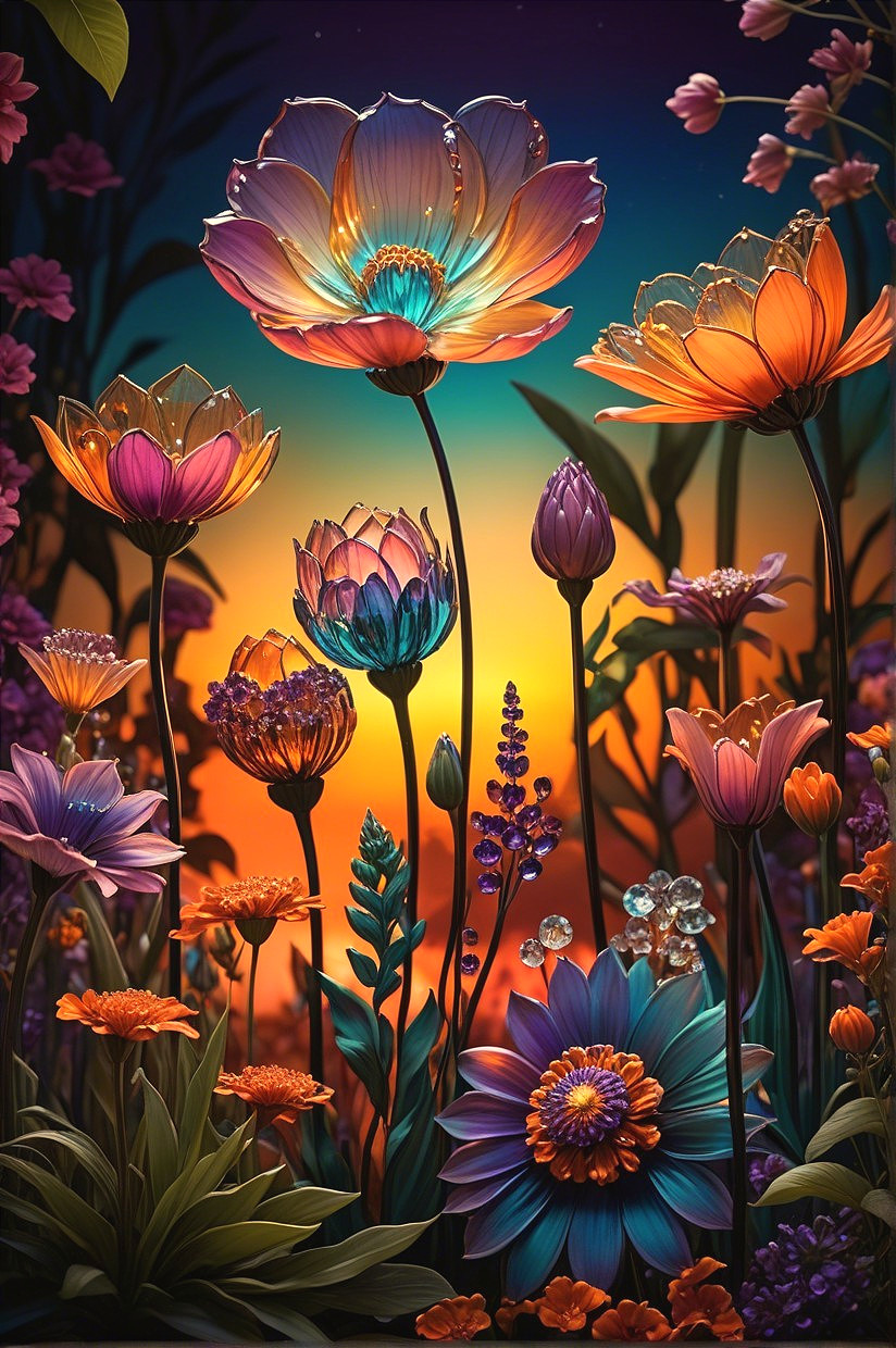 Vibrant Digital Fantasy Garden with Crystalline Flowers