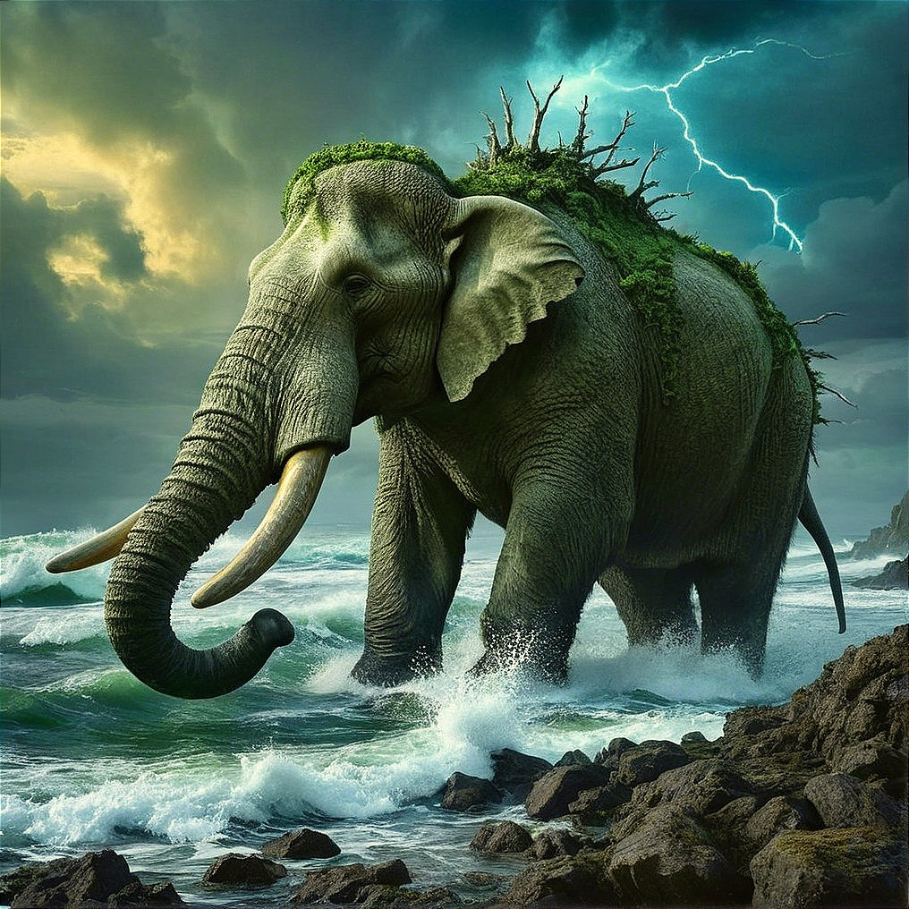 Elephant in Stormy Waters with Dramatic Landscape