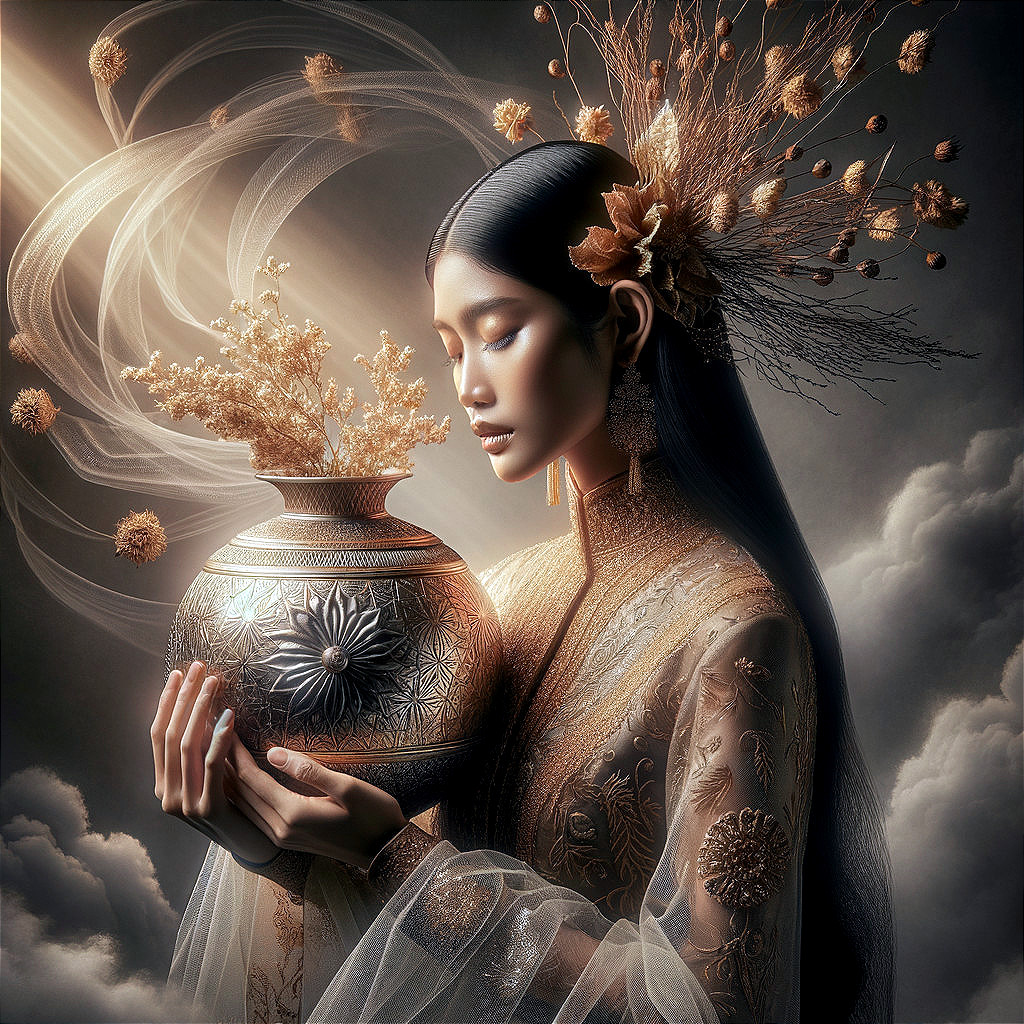 Serene woman in traditional gown with ornate vase
