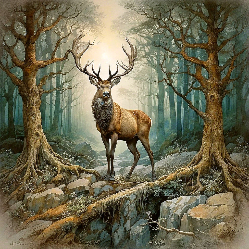 Majestic stag in a mystical forest setting