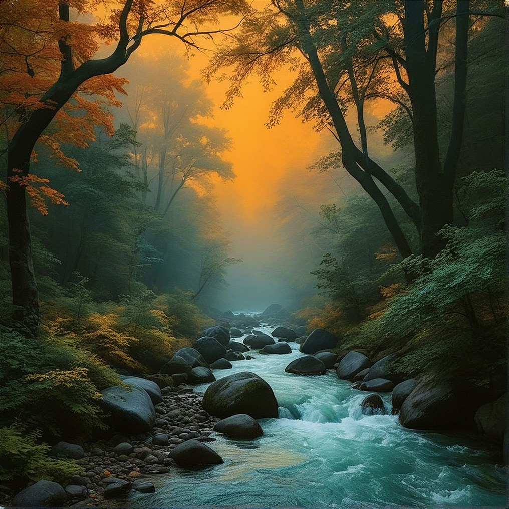 Serene forest scene with golden light and river