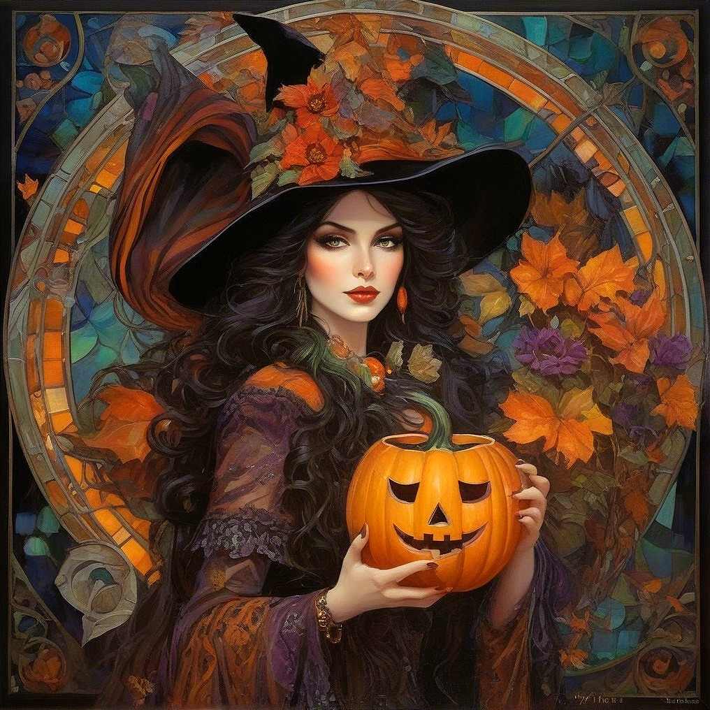 Mystical witch in dark gown with autumn-themed backdrop