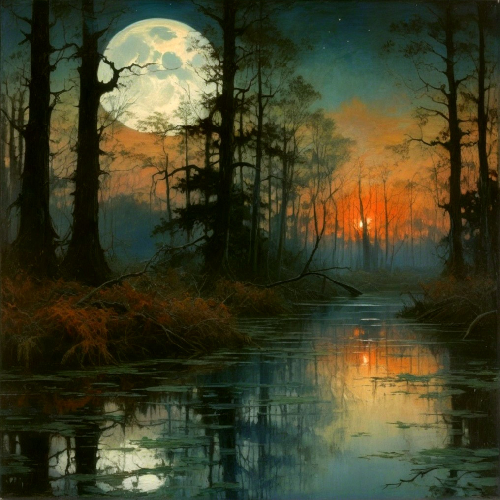 Twilight Landscape with Moonlit River and Cypress Trees