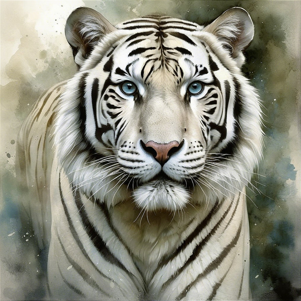 White tiger with blue eyes in a serene watercolor setting