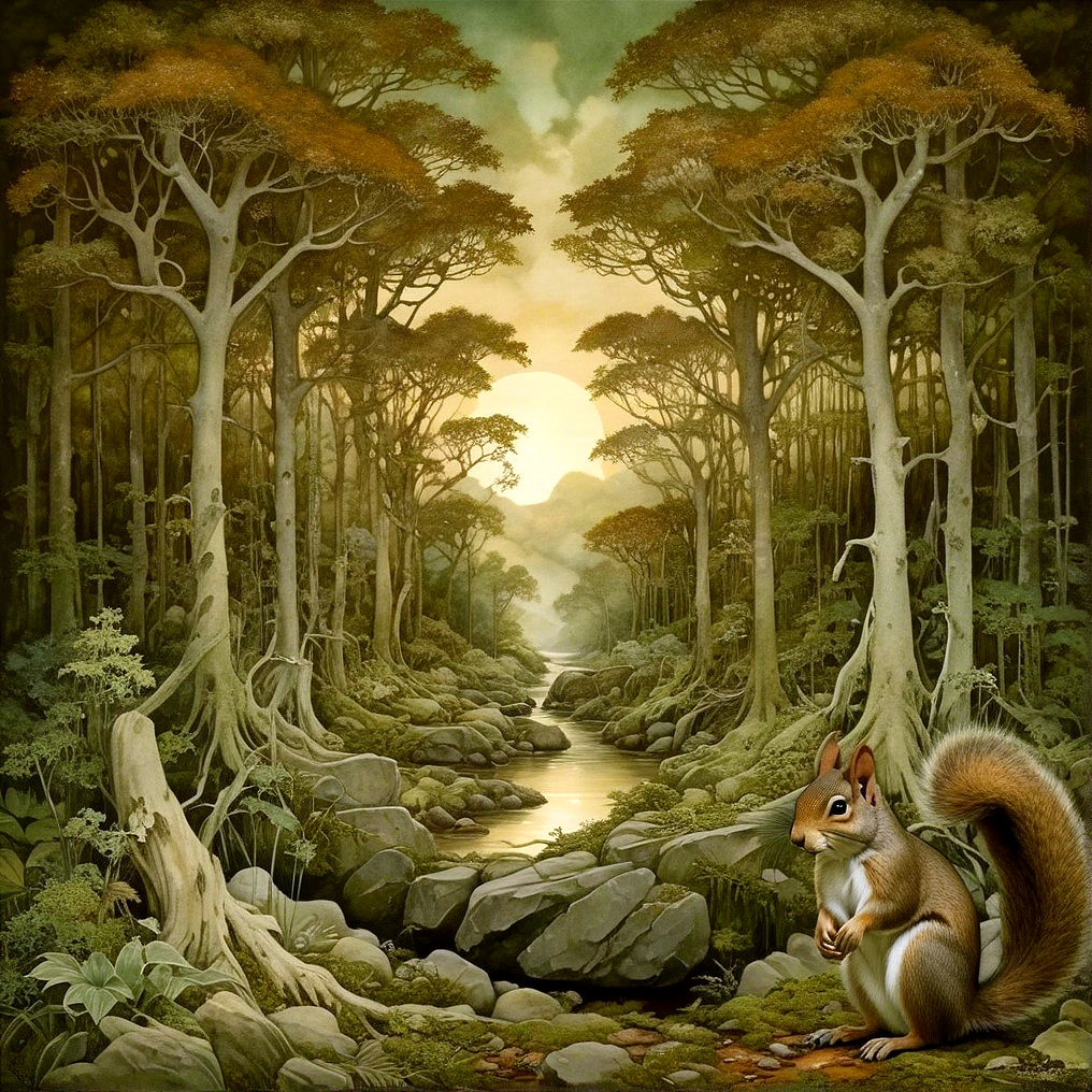 Squirrel by Stream in Autumn Forest Setting