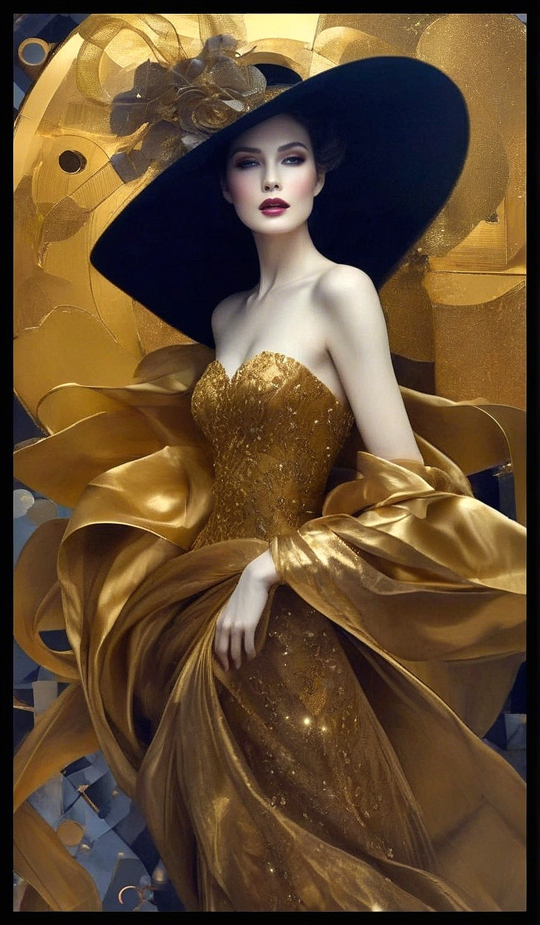 Elegant figure in golden gown with dramatic black hat