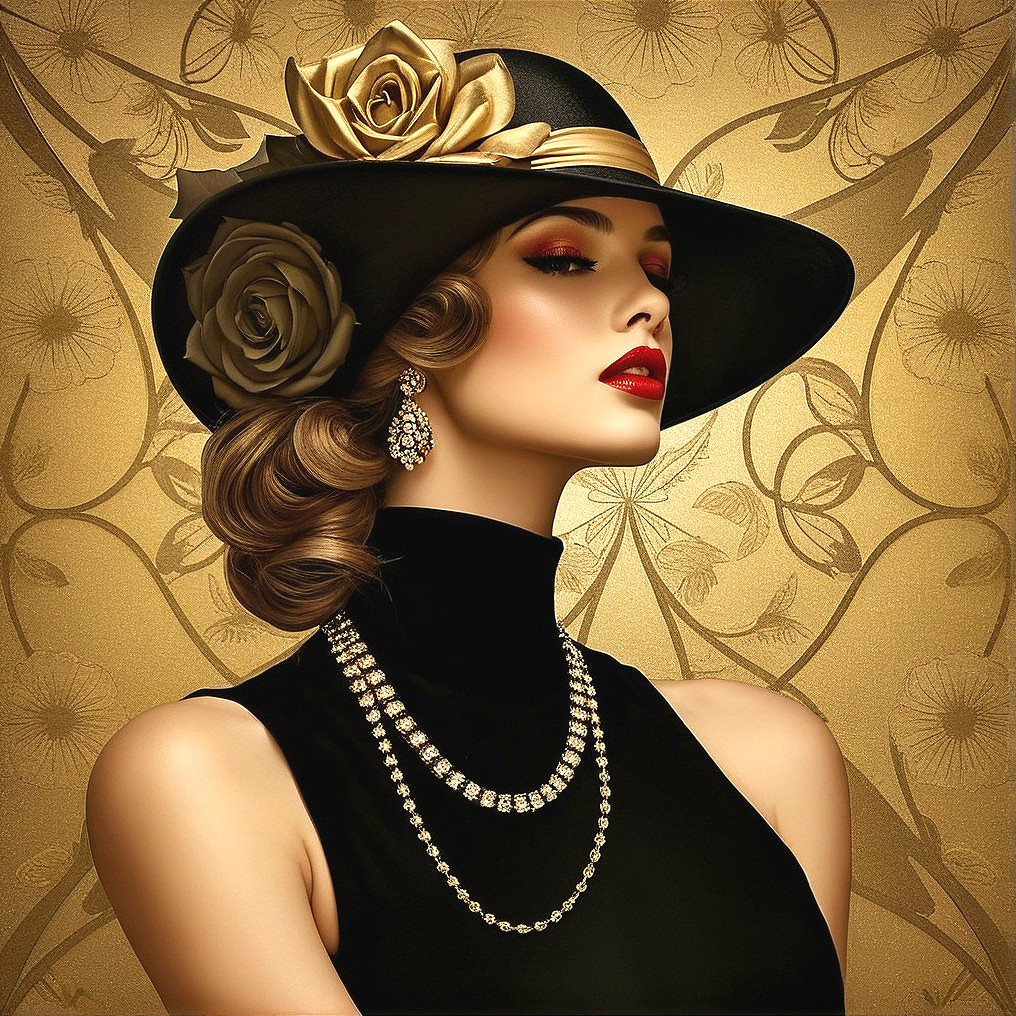 Elegant Woman in Black Hat with Golden Roses