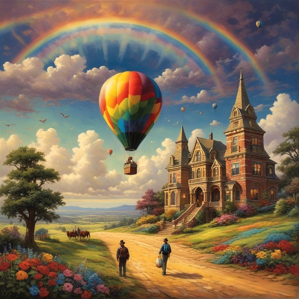 Colorful Hot Air Balloon Over Scenic Victorian Landscape
