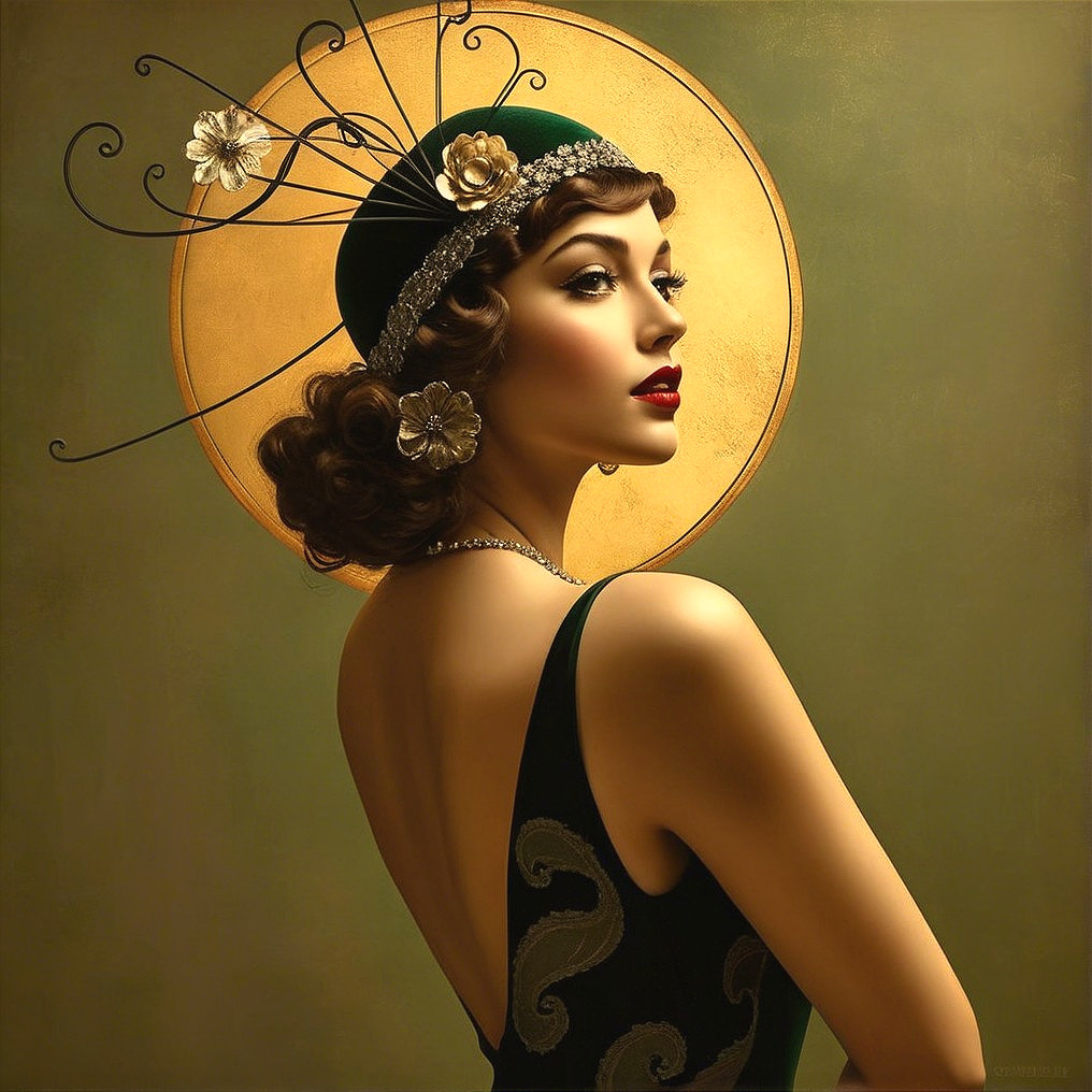 Flapper-style portrait of a young woman in velvet