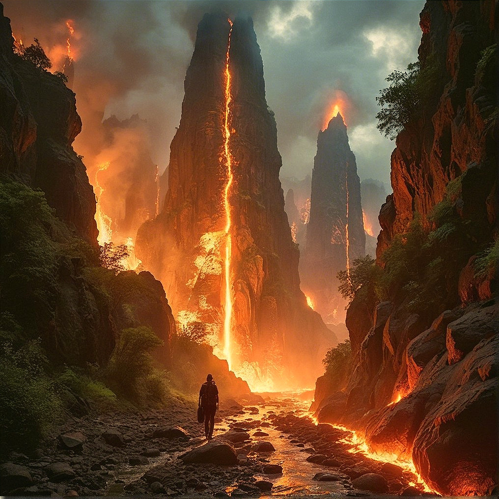 Lone Figure in Volcanic Landscape with Lava Flows