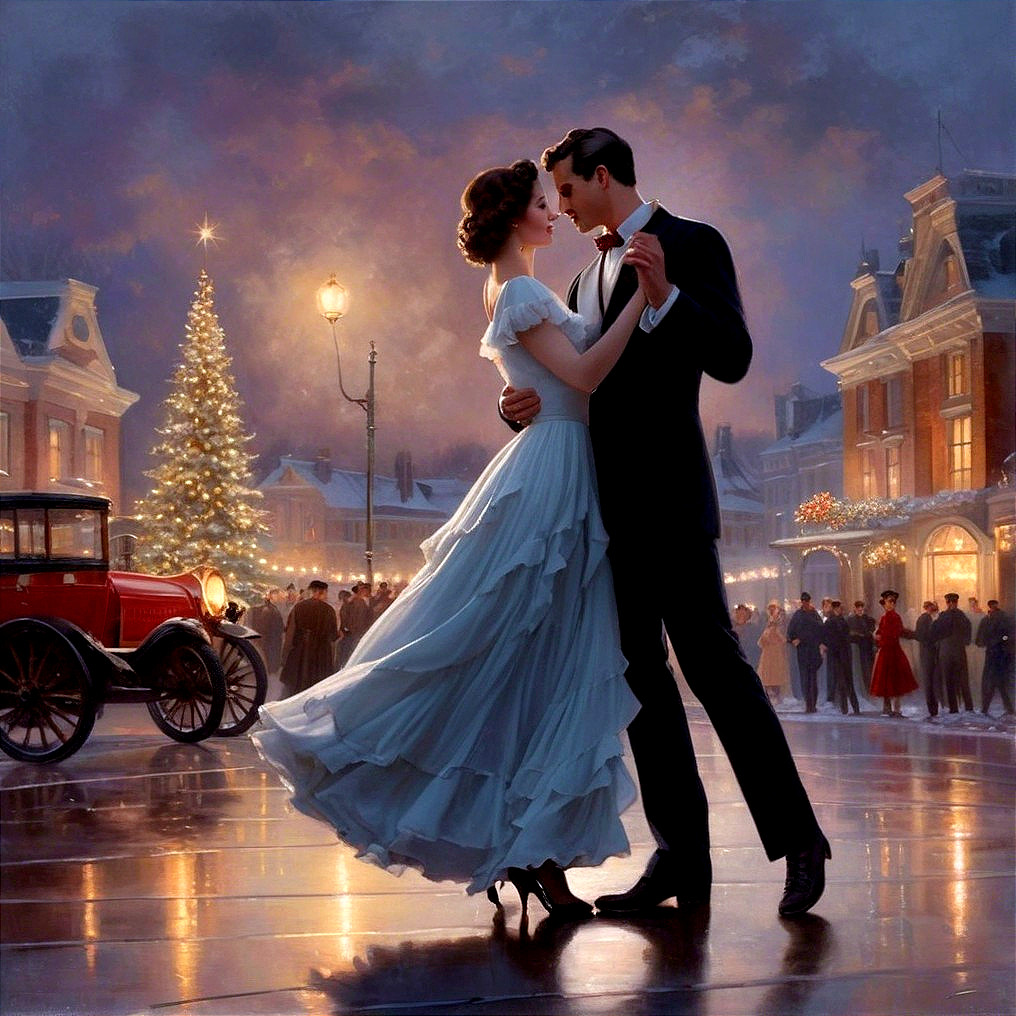 Couple Dancing at Dusk in Enchanting Town Square