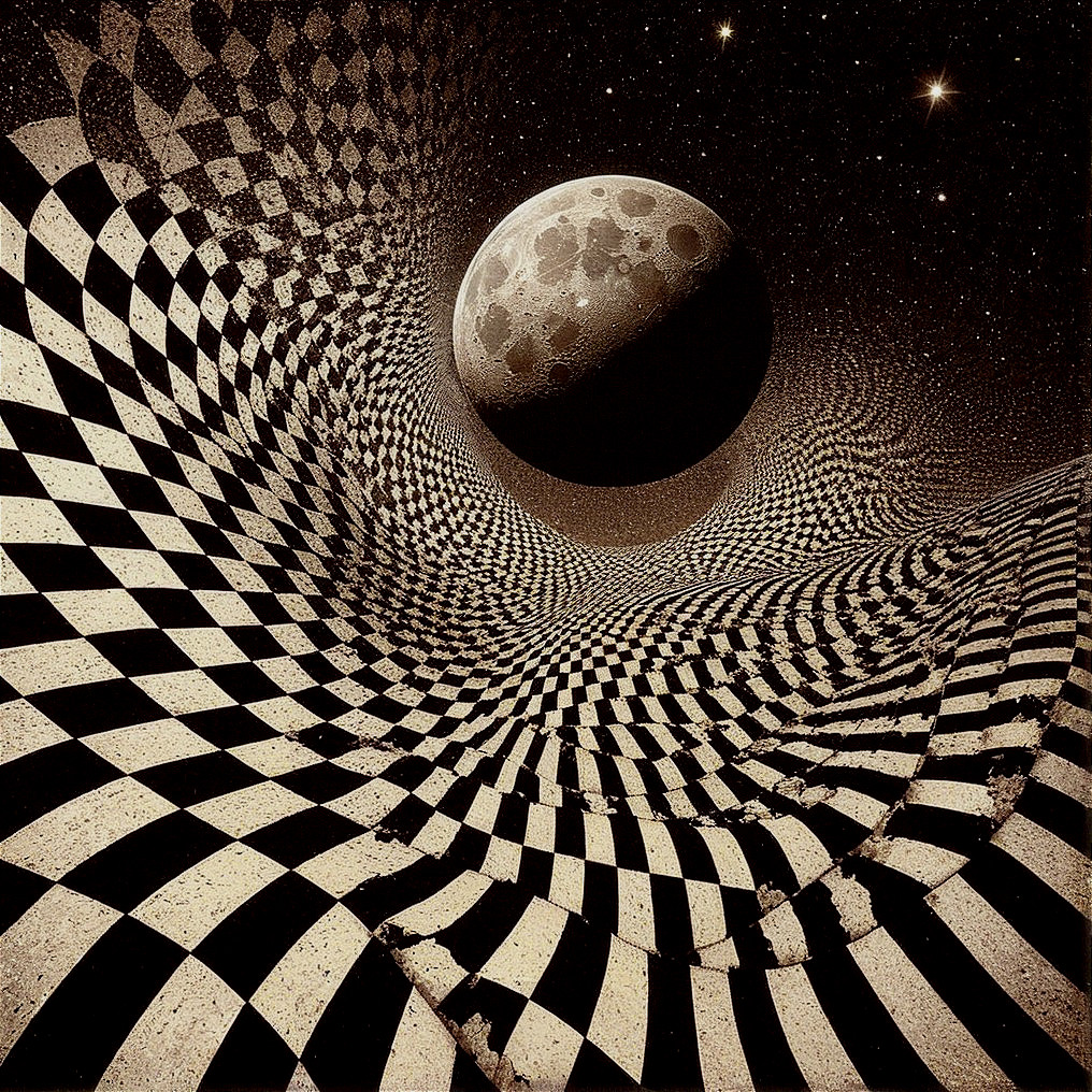 Surreal Landscape with Checkered Pattern and Moon