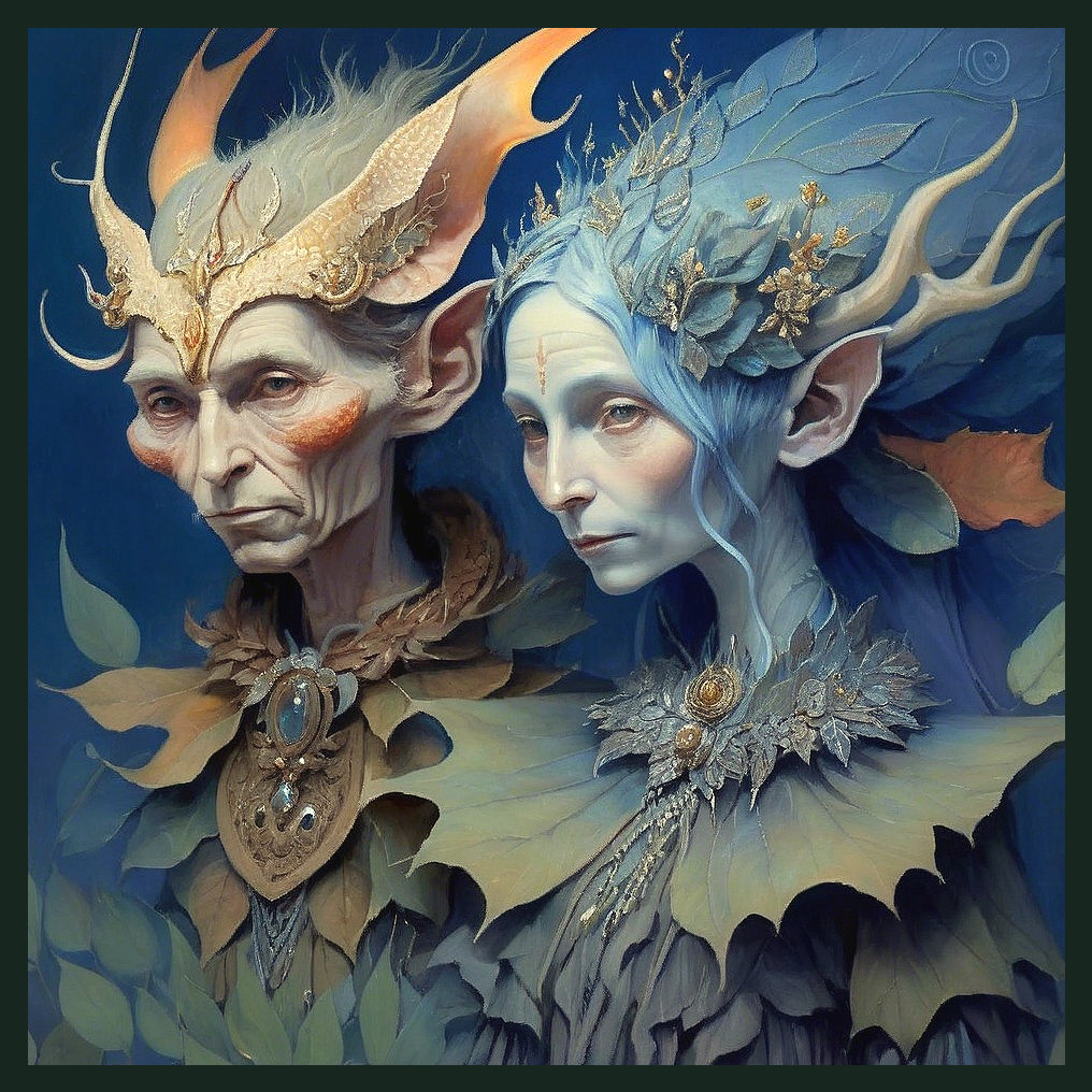 Ethereal Figures with Horns and Flowing Blue Hair
