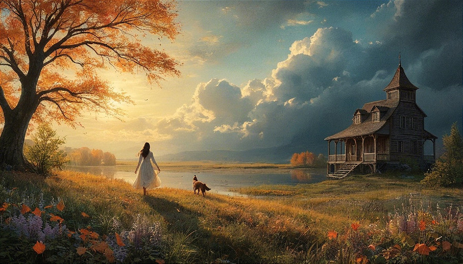 Autumn Landscape with Woman, Fox, and Lake View